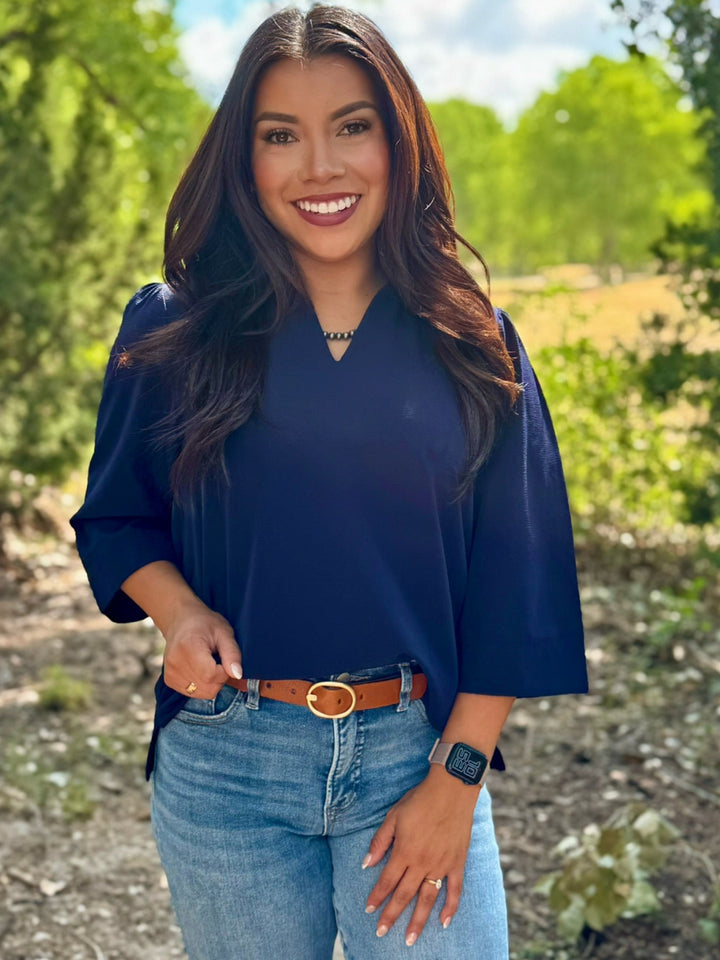 Brea Navy V-Neck Top