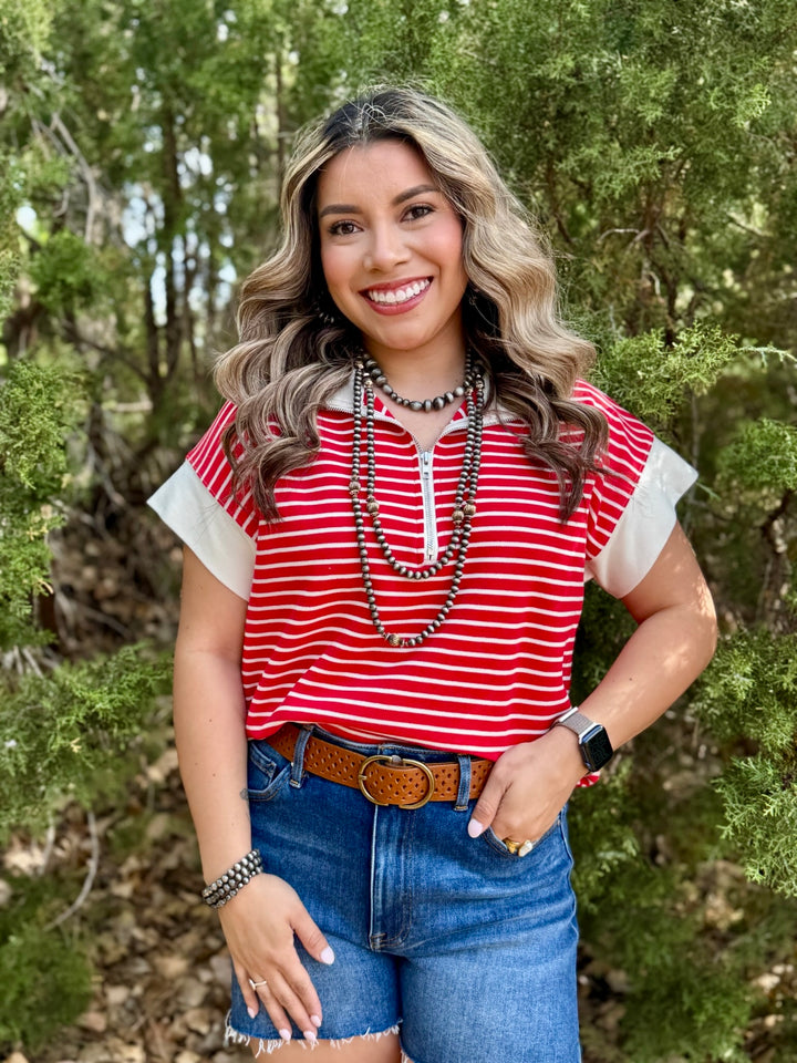 Red & Cream 1/4 Zip Top