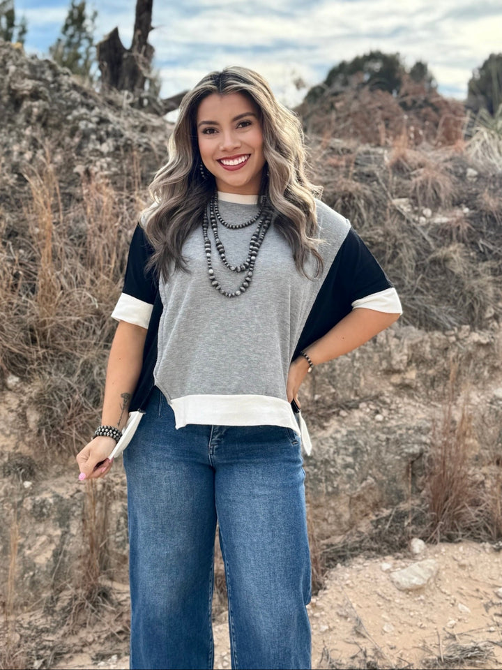 Tara Grey Colorblock Drop Shoulder Top
