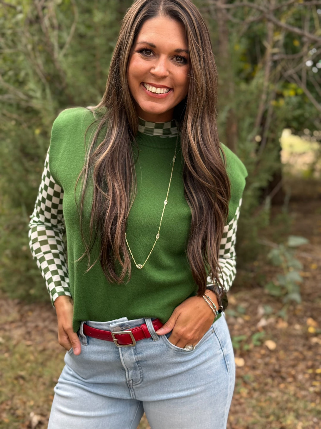 Pep Rally Green & White Checkered Mesh Top