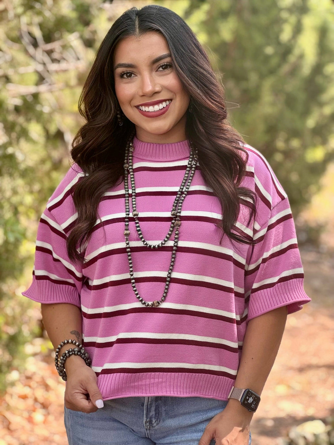 Elaine Burgundy & Pink Stripe Top