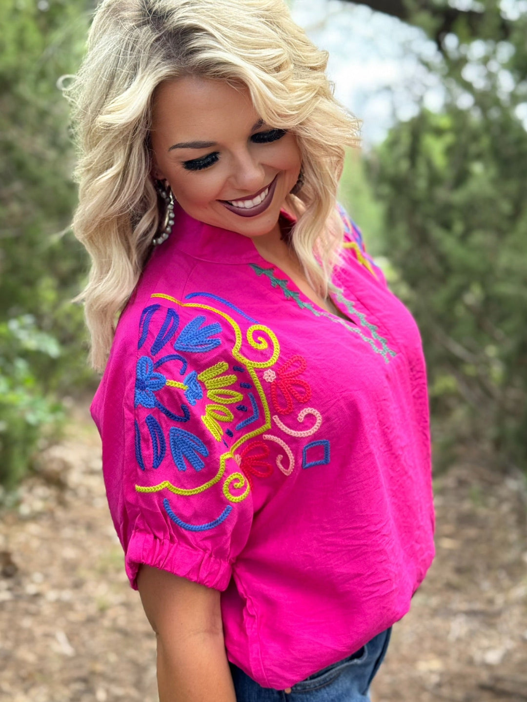 Fuchsia Bright Embroidered Sleeve Blouse