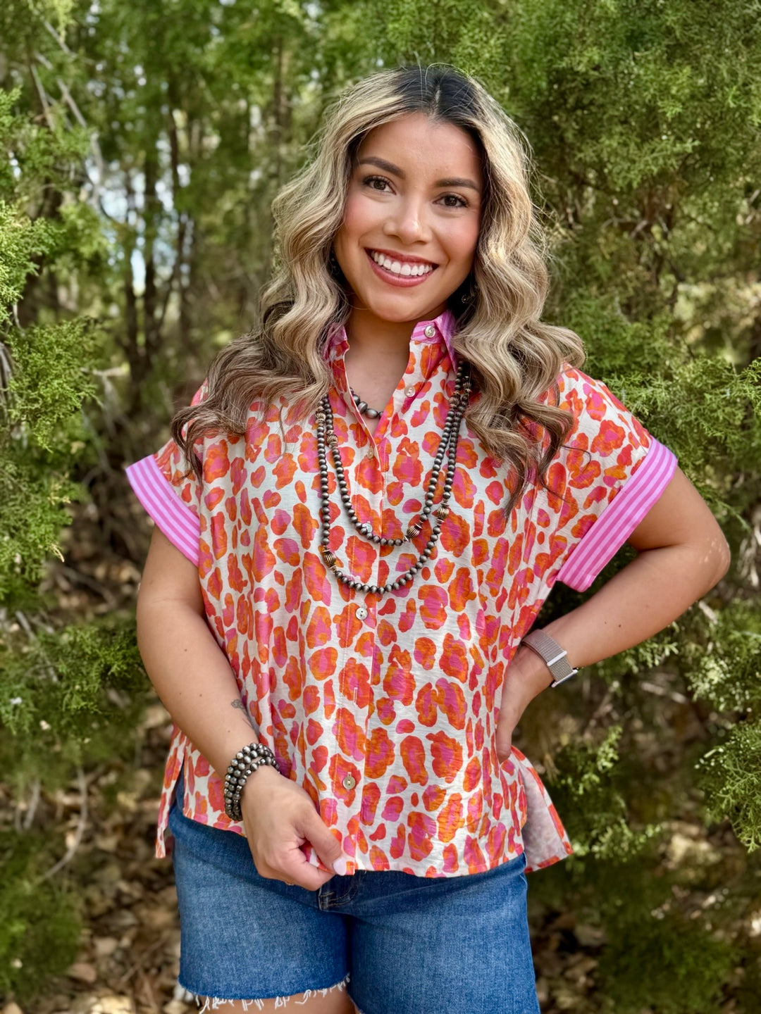 RaeAnn Pink & Orange Leopard Top