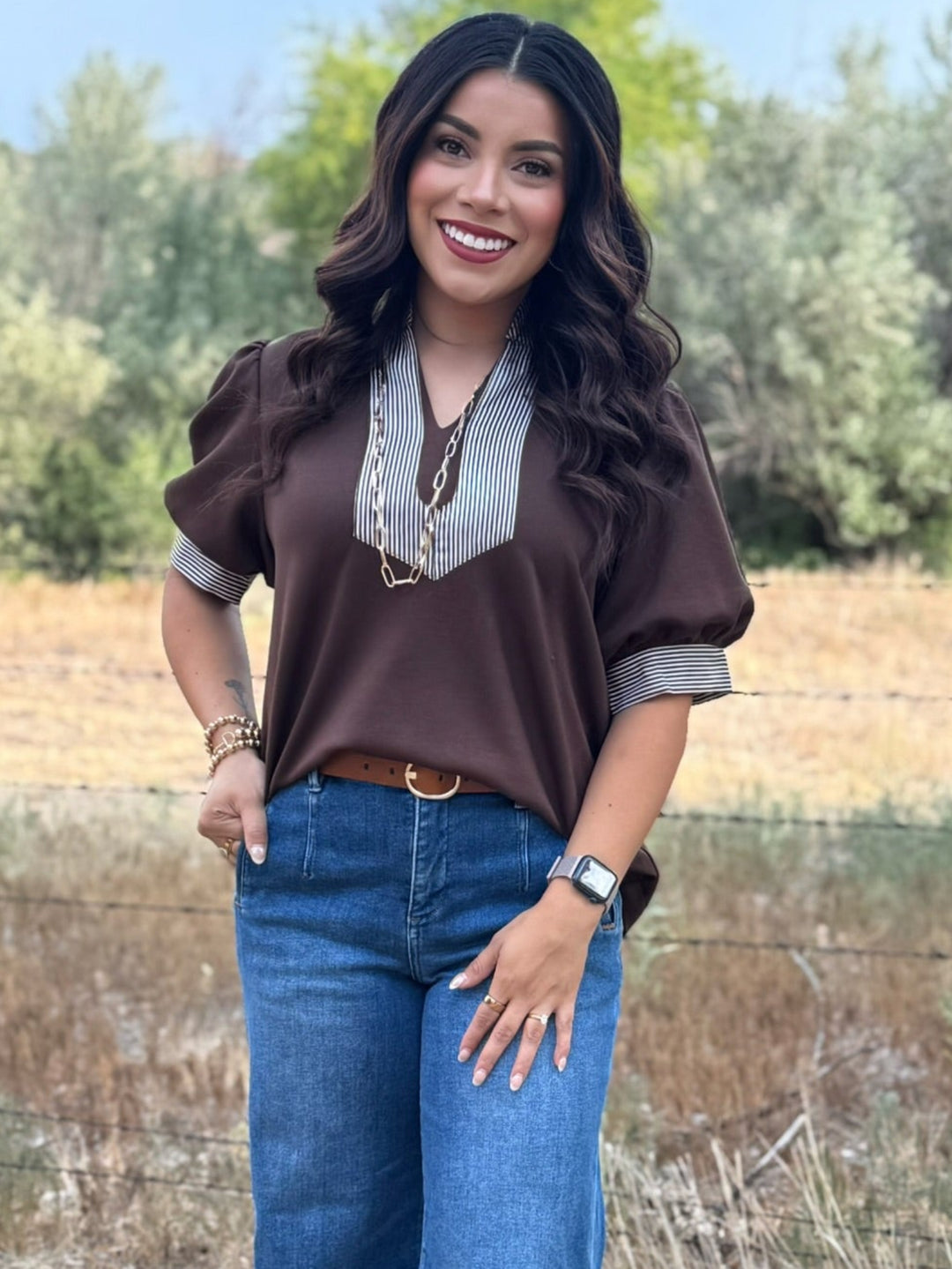 Short Sleeve Brown Top with Stripe Accent