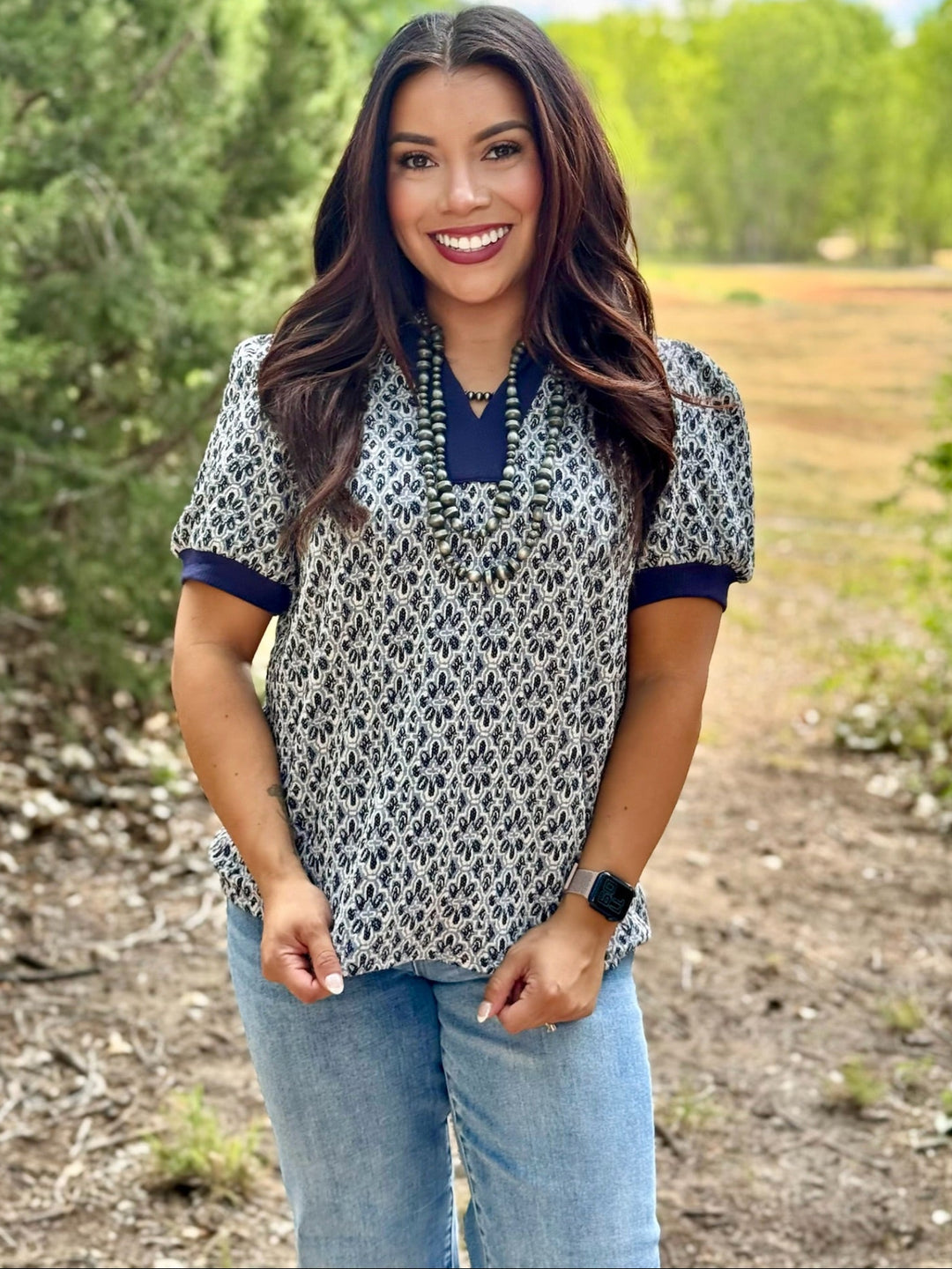 Trea Navy Accent V-Neck Top