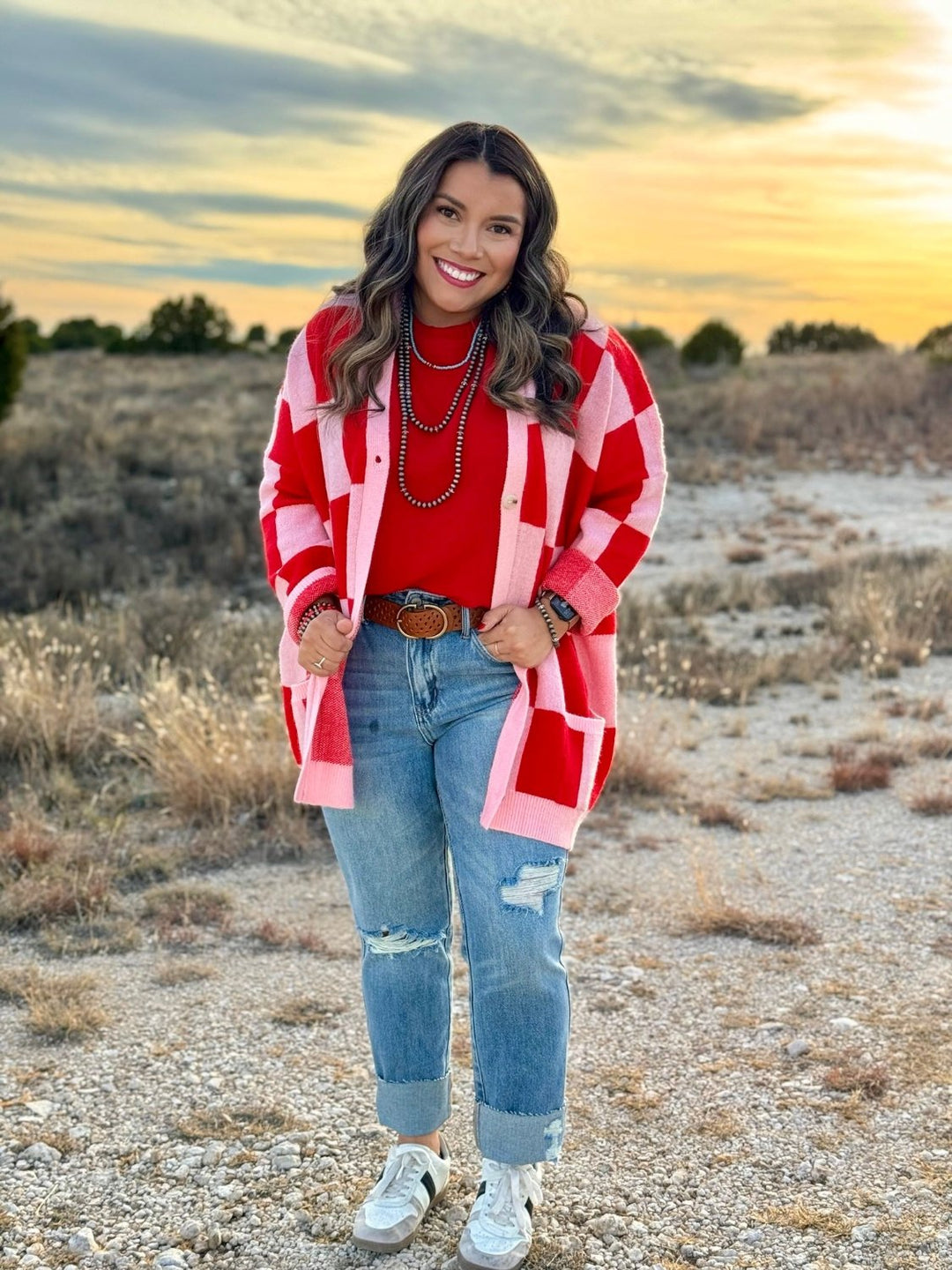 Orlinda Red & Pink Checkered Cardigan