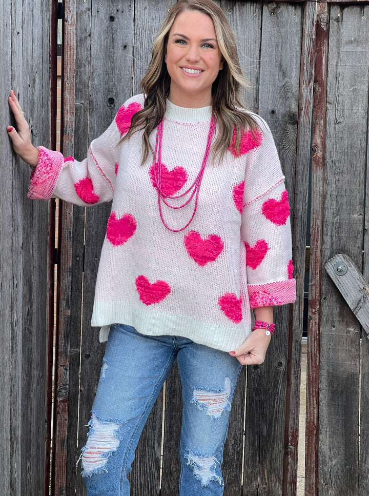 Delinda White Sweater with Pink Hearts