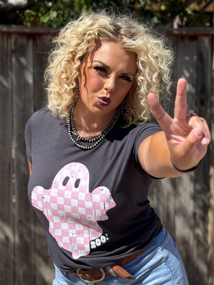 Hey Boo Checkered Ghost Graphic Tee by Texas True Threads