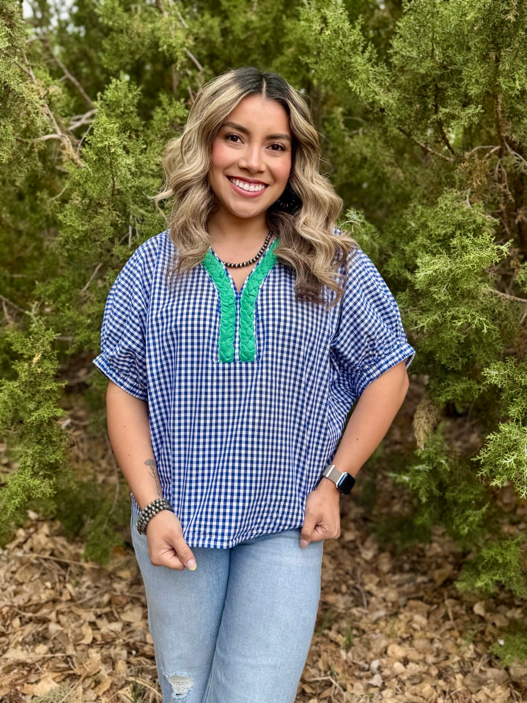 Sage Navy Gingham Top