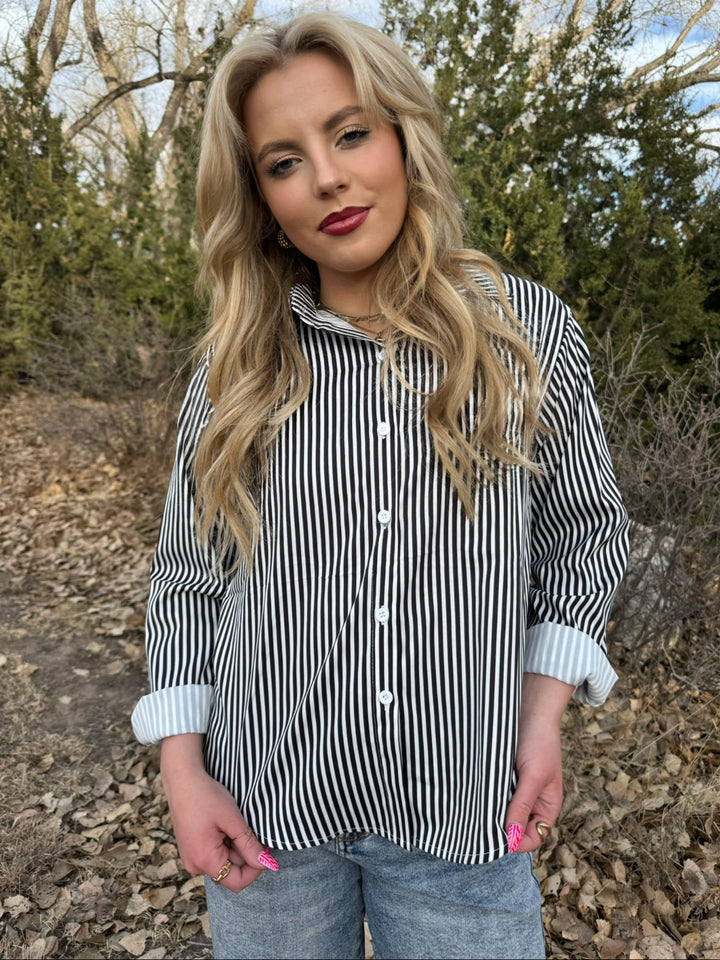 Emily Black & White Stripe Button Down Top