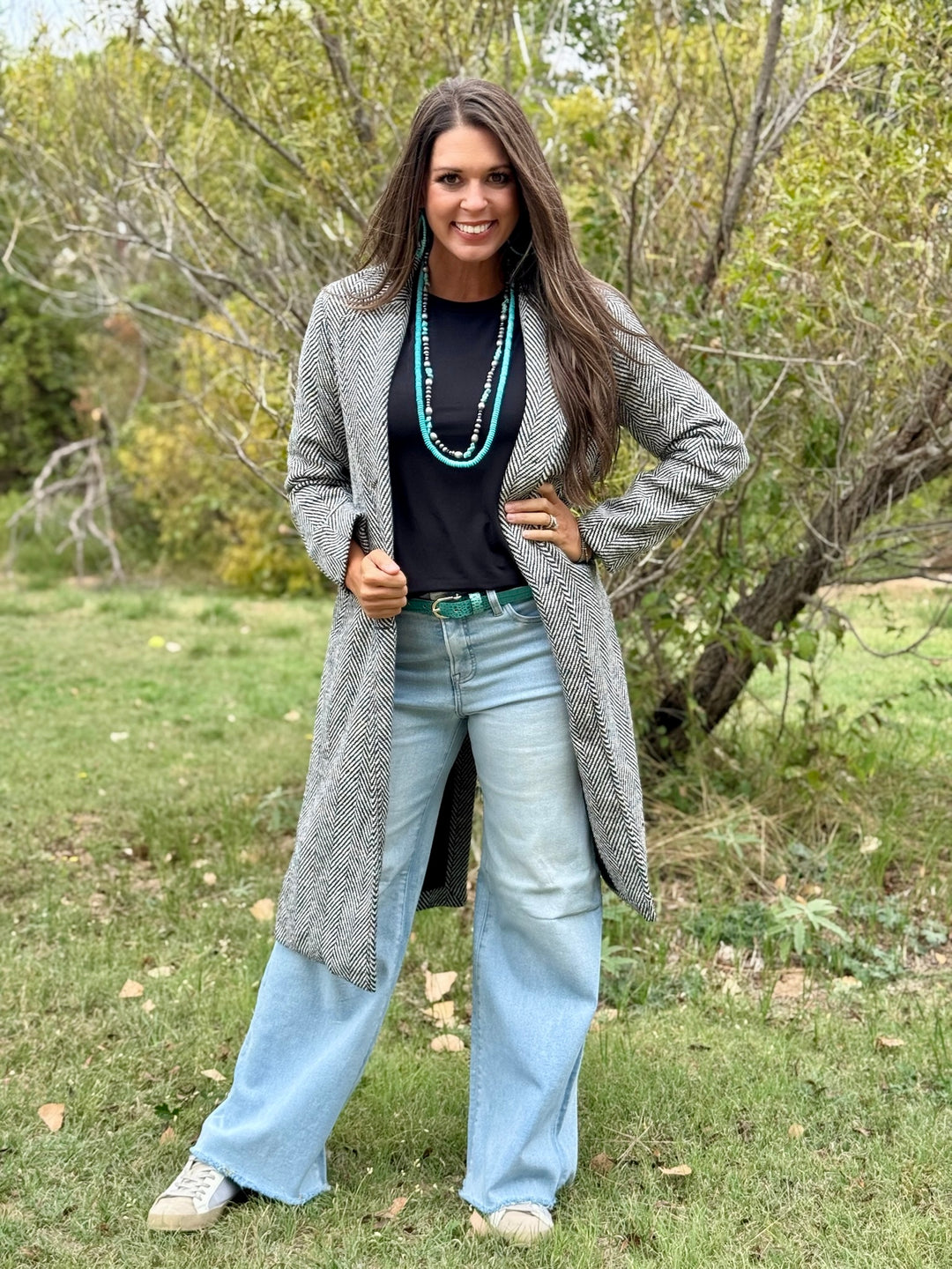 Mia Black Herringbone Duster