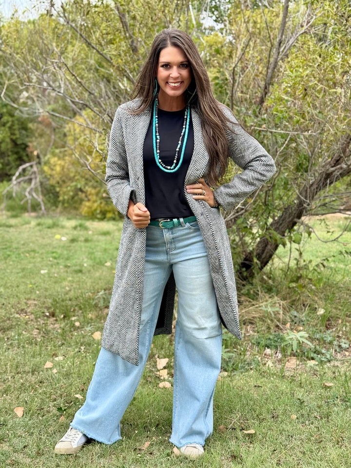 Mia Black Herringbone Duster