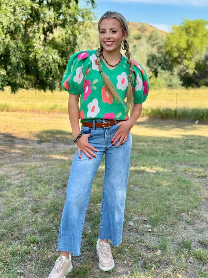 Harper Green Floral Puff Sleeve Sweater