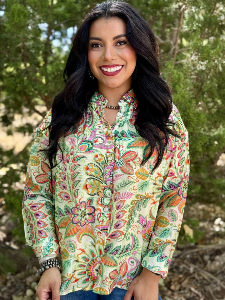 Green Paisley Button Up Top