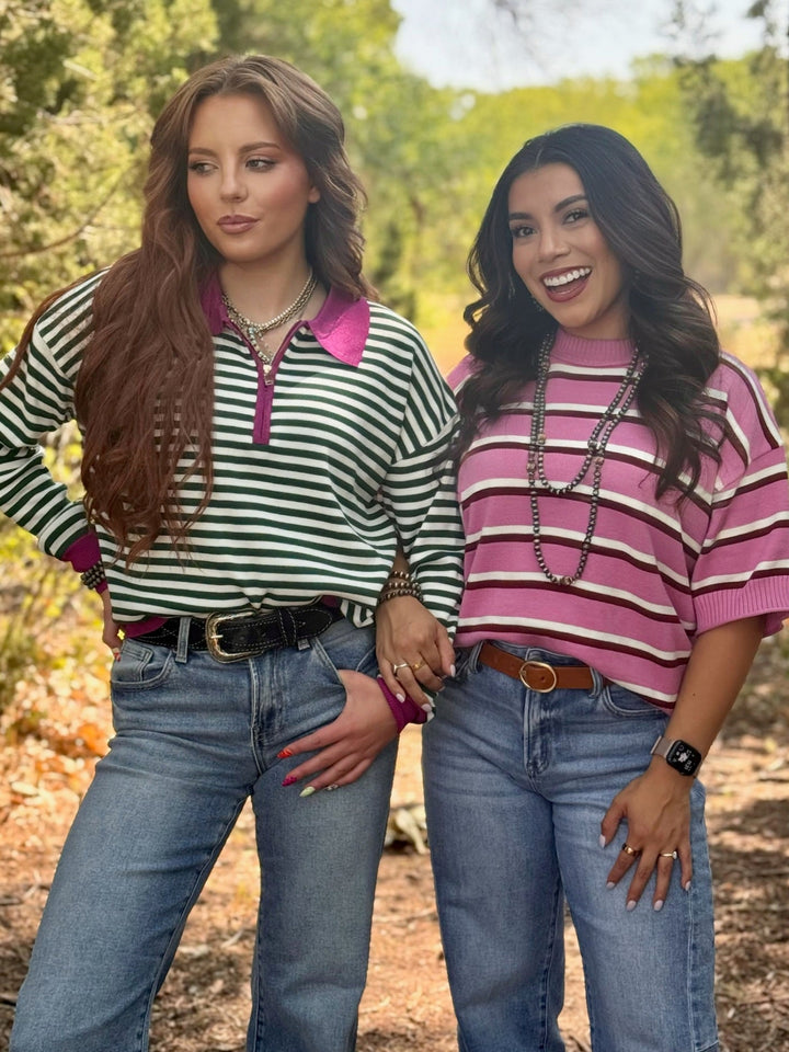 Elaine Burgundy & Pink Stripe Top
