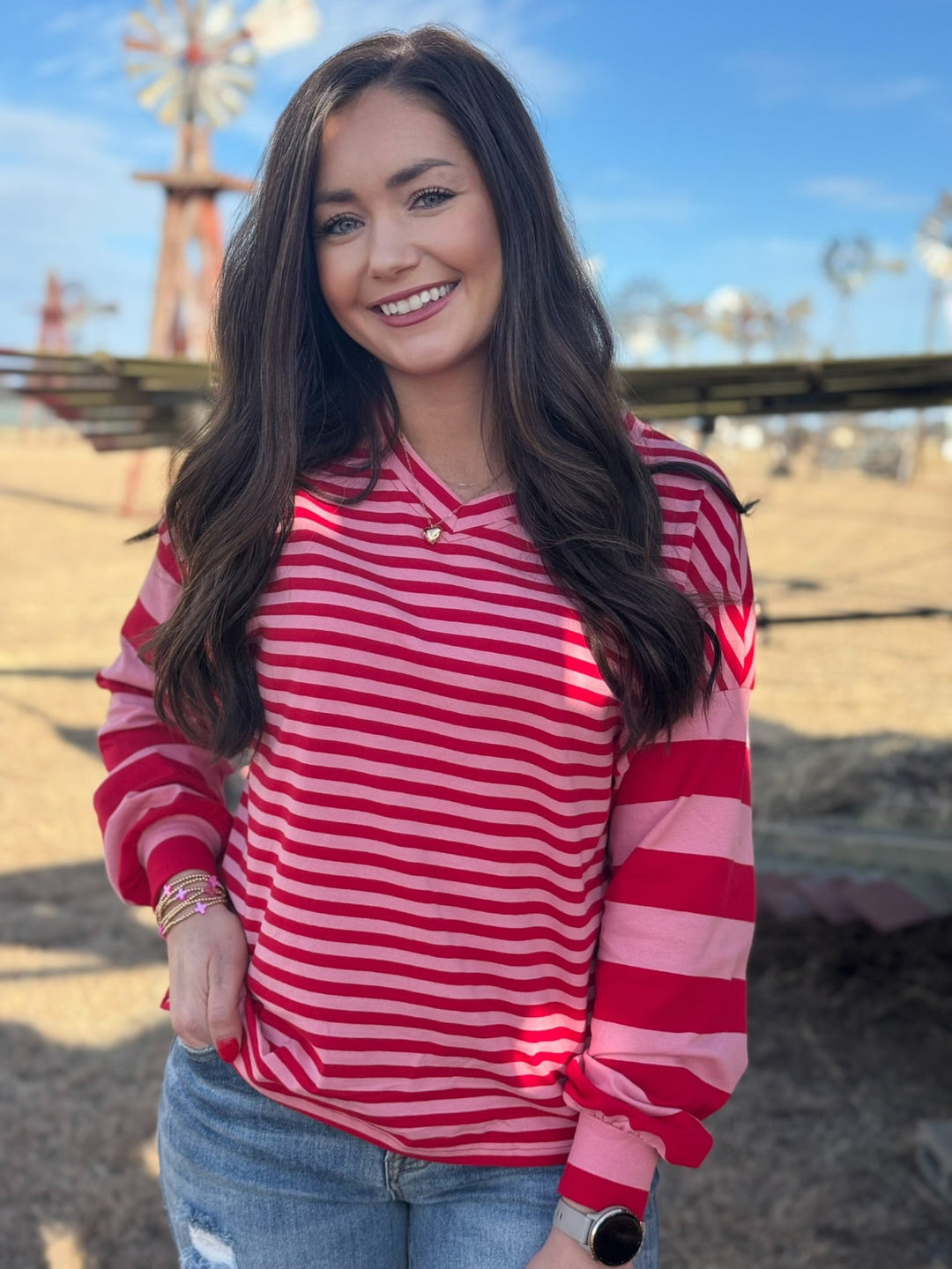 Lainey Pink & Red Striped Pullover