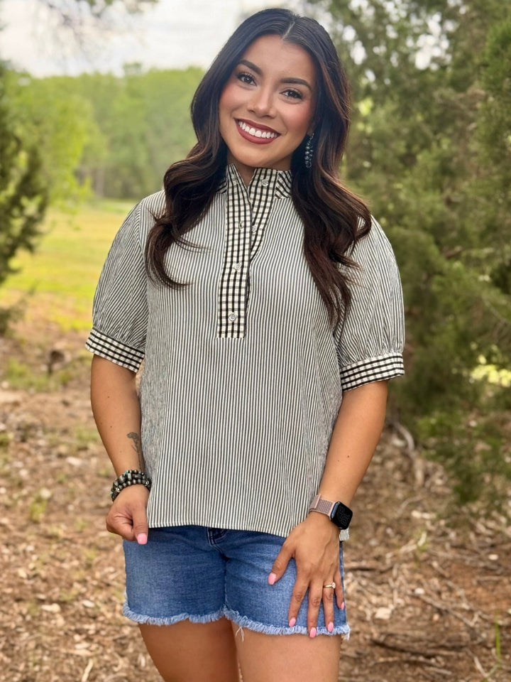 Gia Striped Gingham Button Up Top