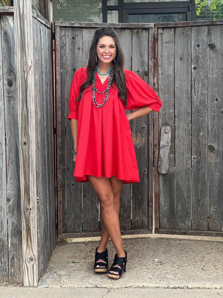 Julie Classic Red Puff Sleeve Dress