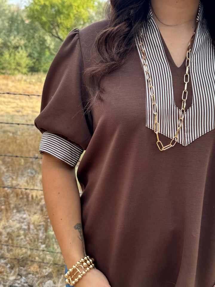 Short Sleeve Brown Top with Stripe Accent