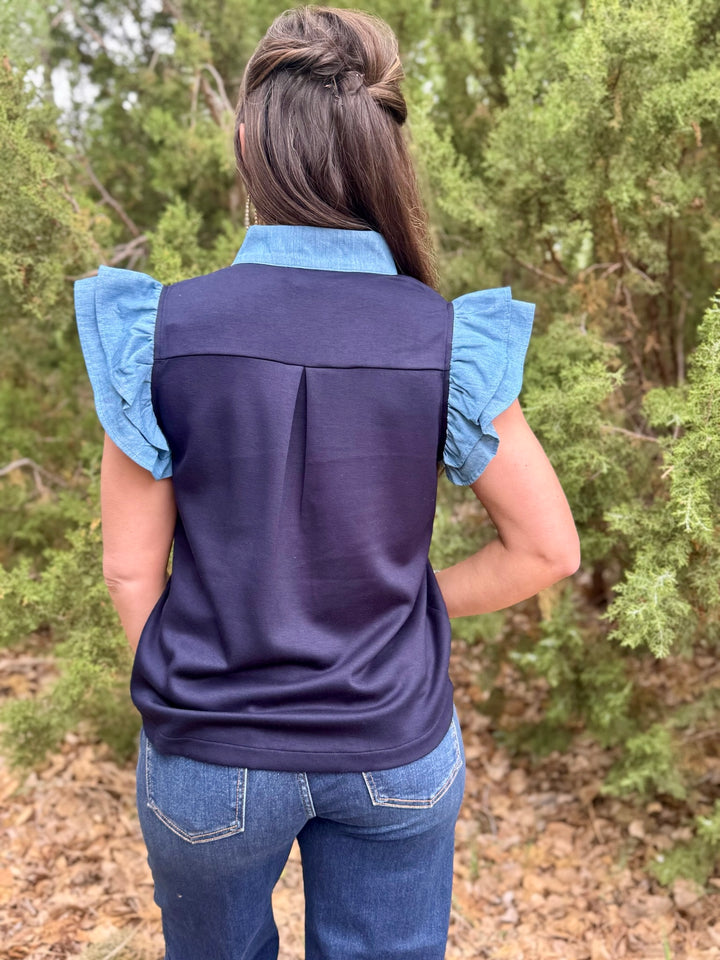 Patsy Navy & Denim V-Neck  Top