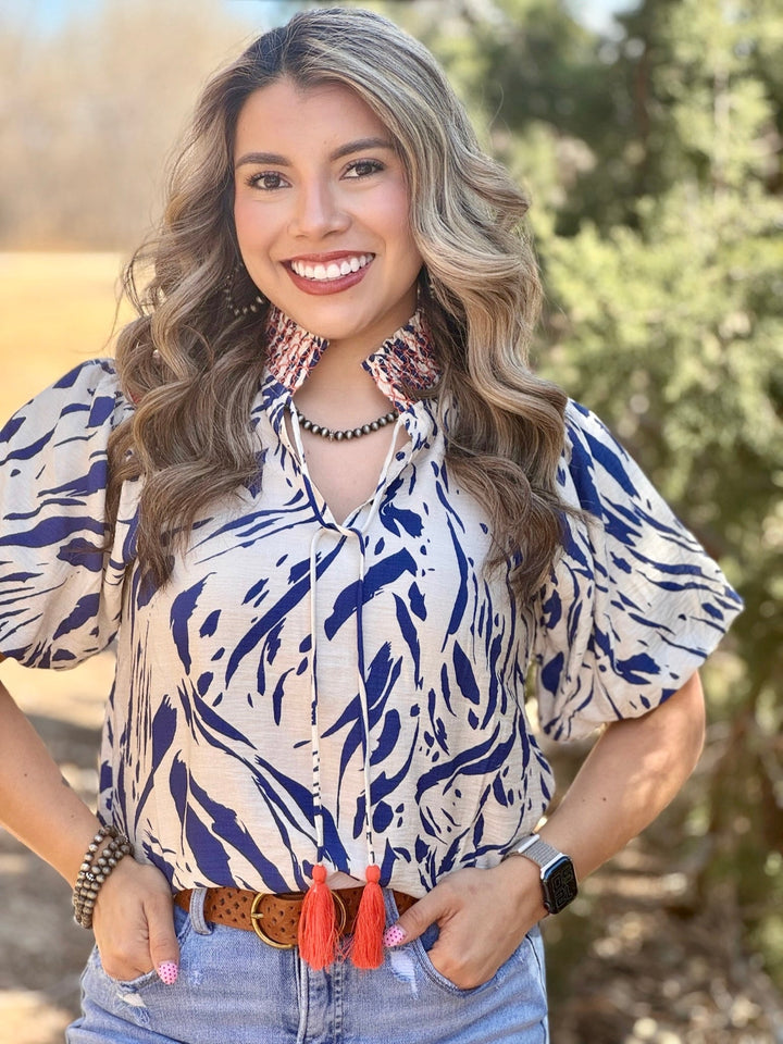 Adele Blue & Cream V-Neck Blouse