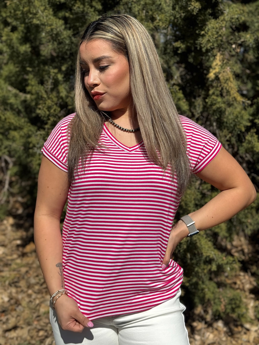 Kenna Pink & White Striped V-Neck Top