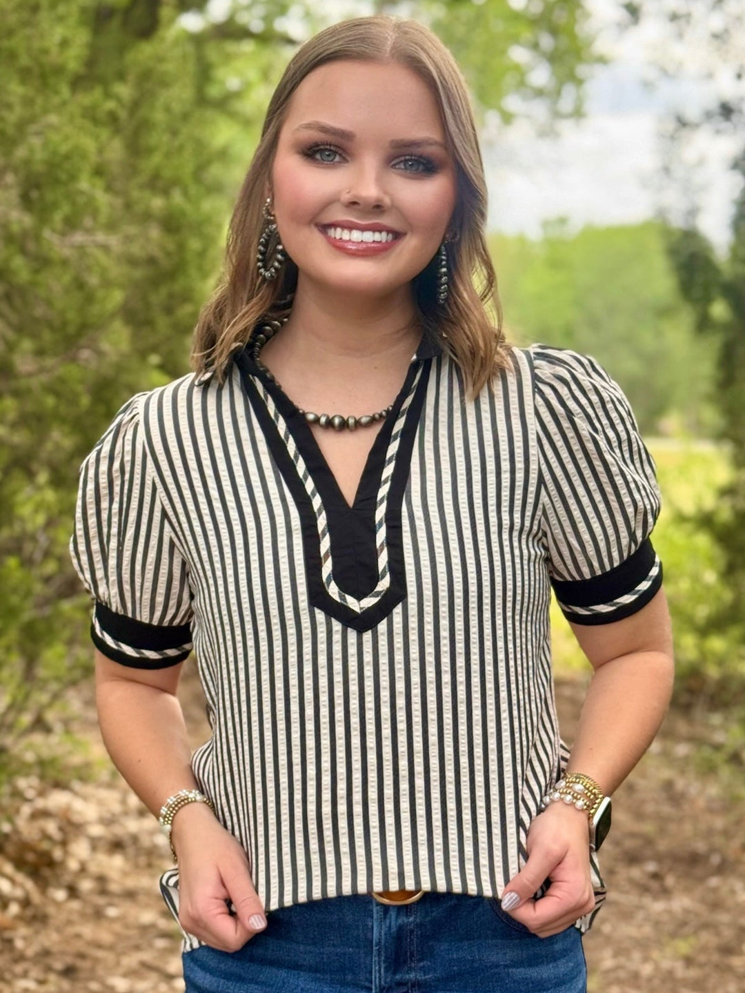 Mia Black Stripe Collar Blouse