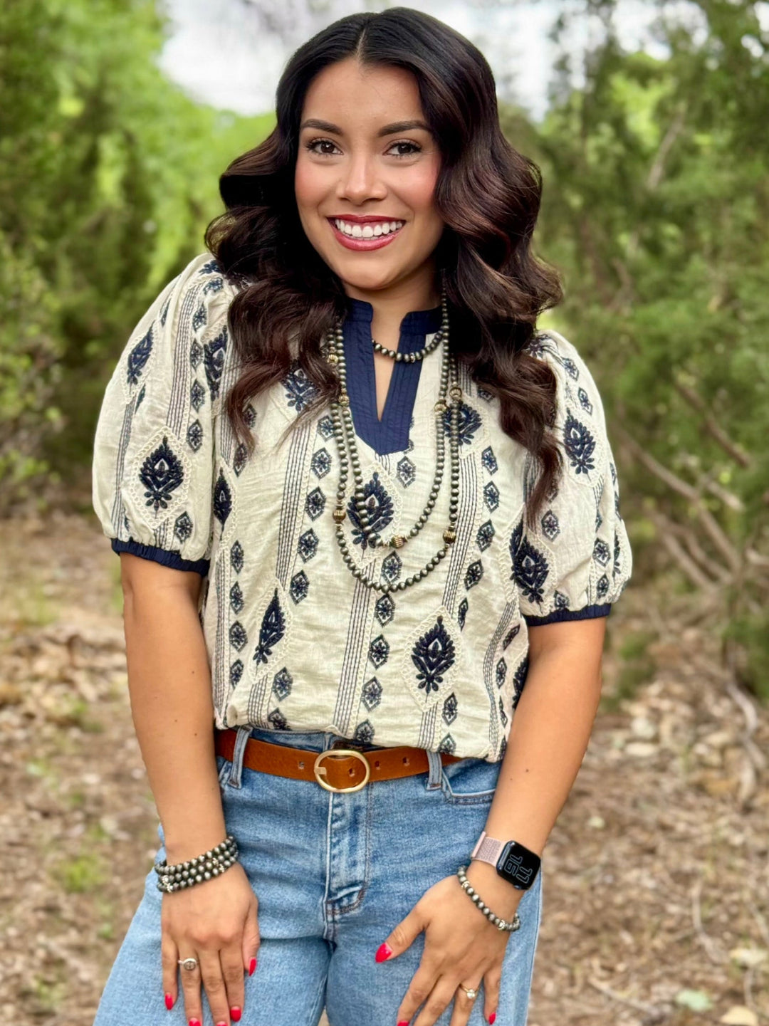 Navy Floral Embroidered Sleeve Top