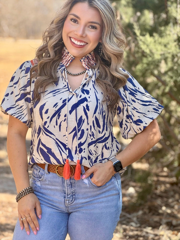 Adele Blue & Cream V-Neck Blouse