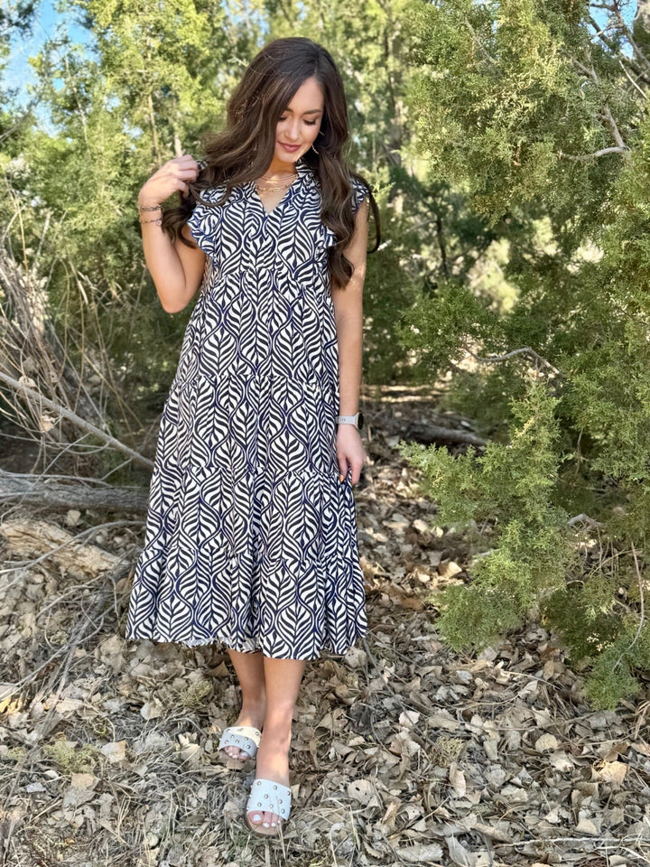Adalyn Navy Tiered Midi Dress