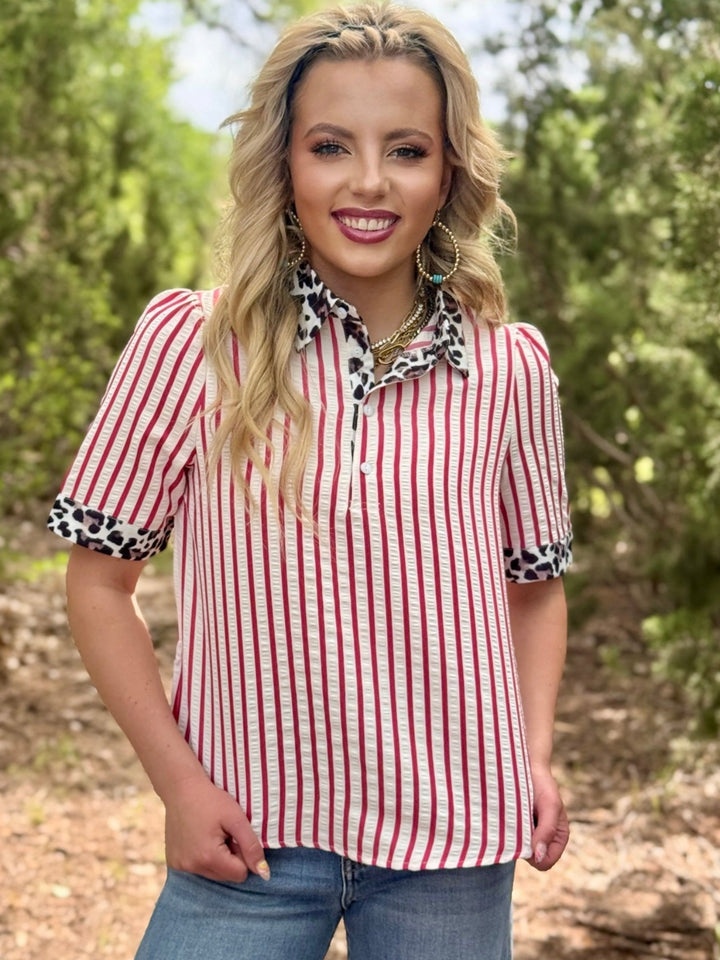 Racing Red Striped Leopard Top