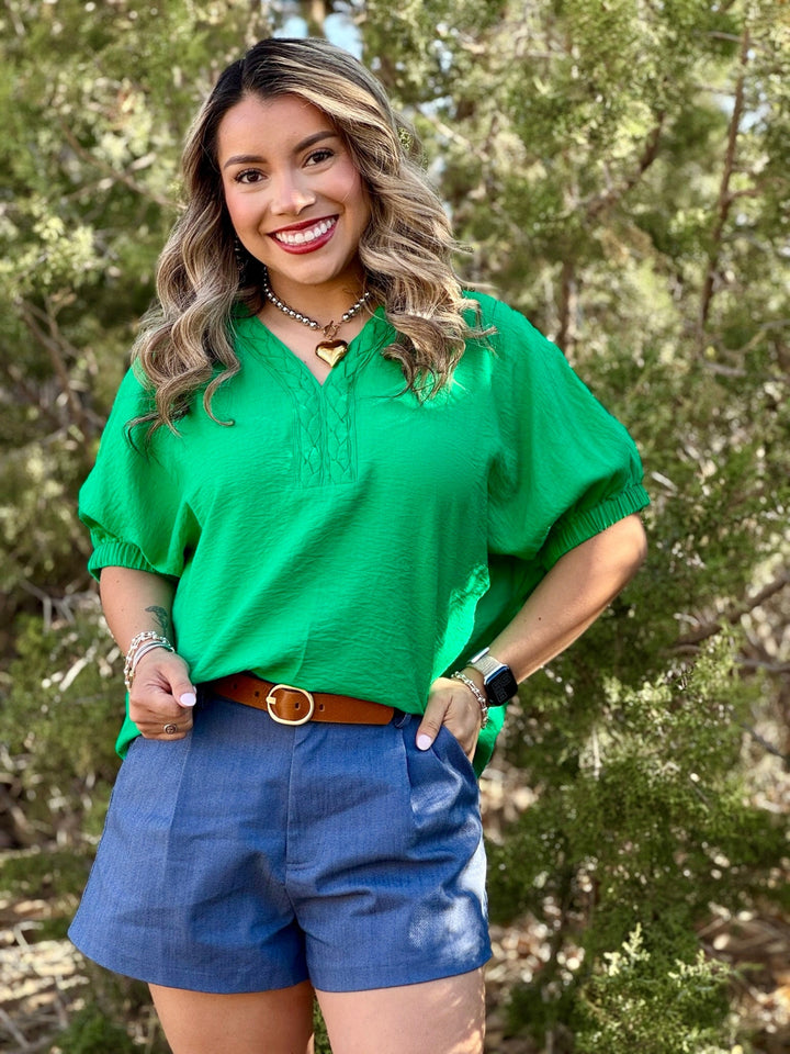 Simone Green V-Neck Top