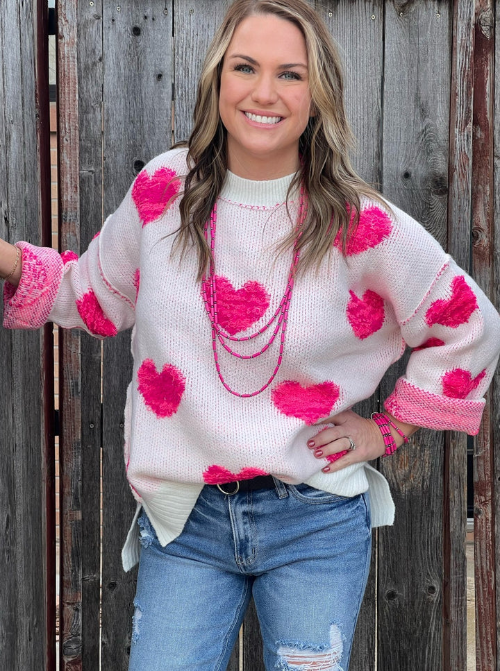 Delinda White Sweater with Pink Hearts