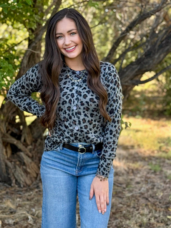 Carolyn Grey Leopard Button Down Sweater