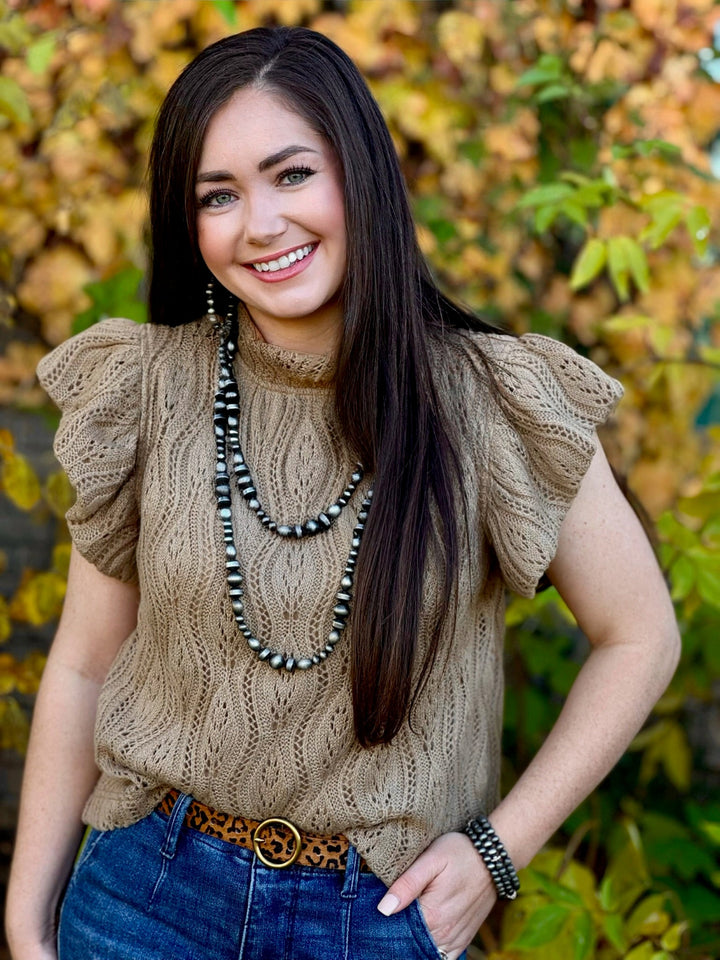 Mattie Tan Knit Ruffle Sleeve Top