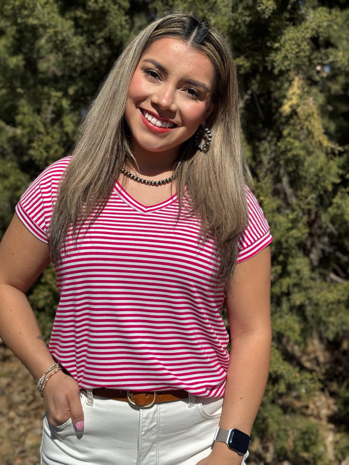 Kenna Pink & White Striped V-Neck Top