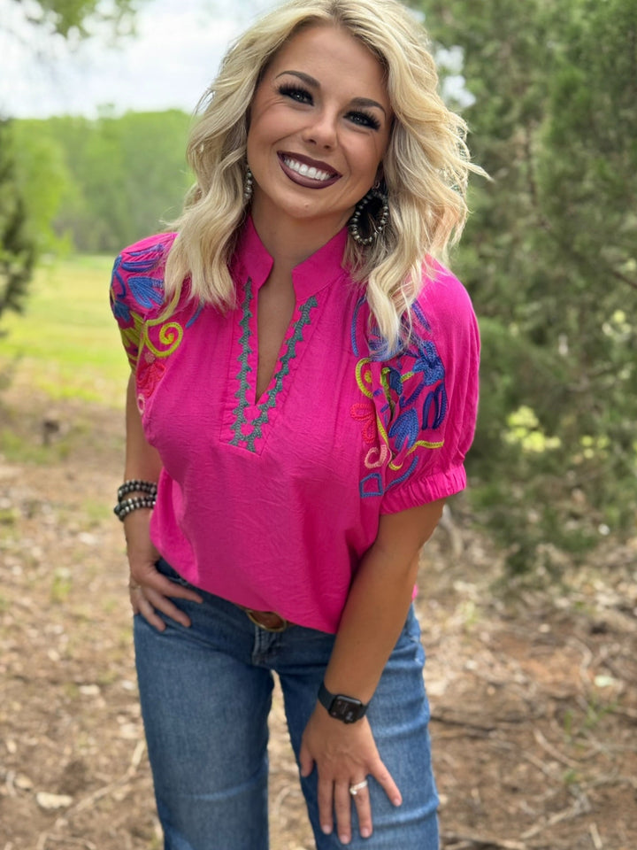 Fuchsia Bright Embroidered Sleeve Blouse