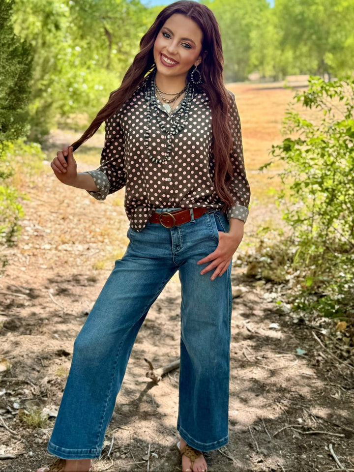 Hallie Pink Dot Button Up Top