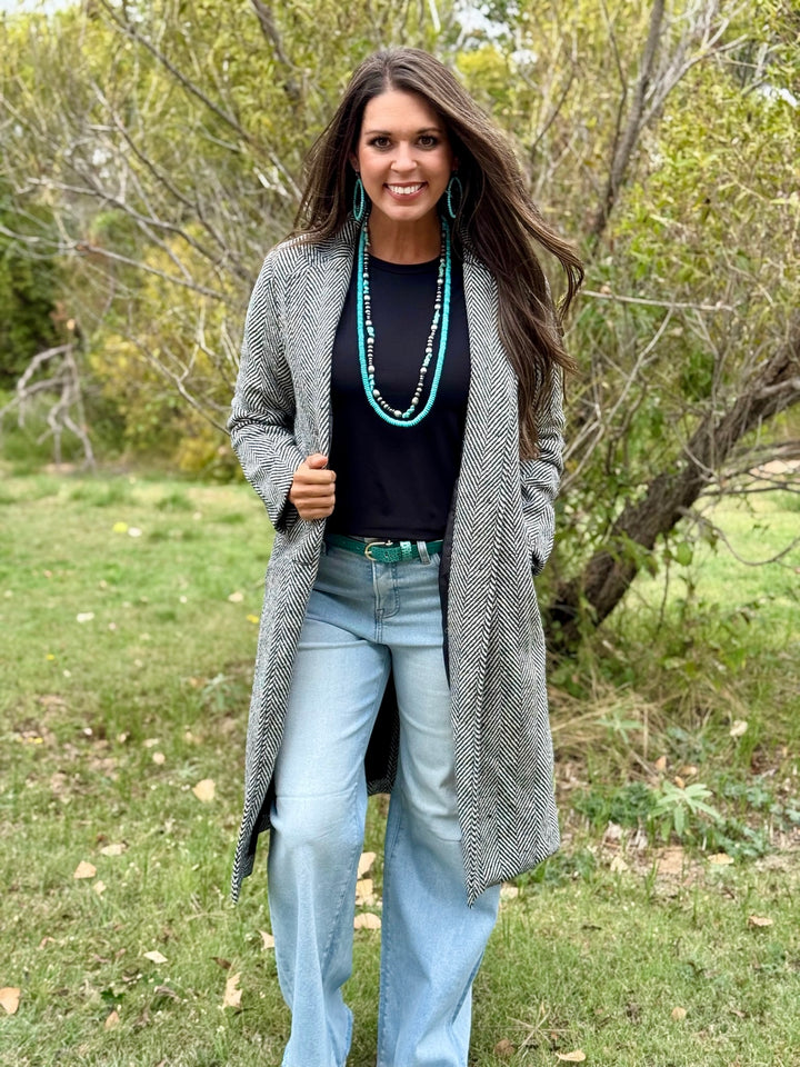 Mia Black Herringbone Duster