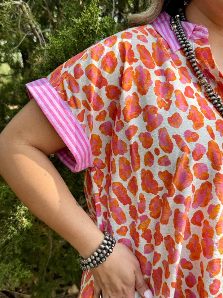 RaeAnn Pink & Orange Leopard Top