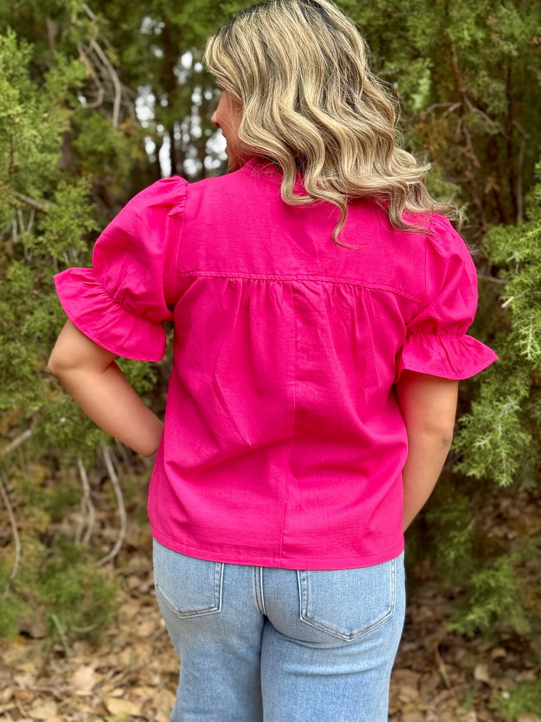 Floral Embroidered Bubble Sleeve V-Neck Top