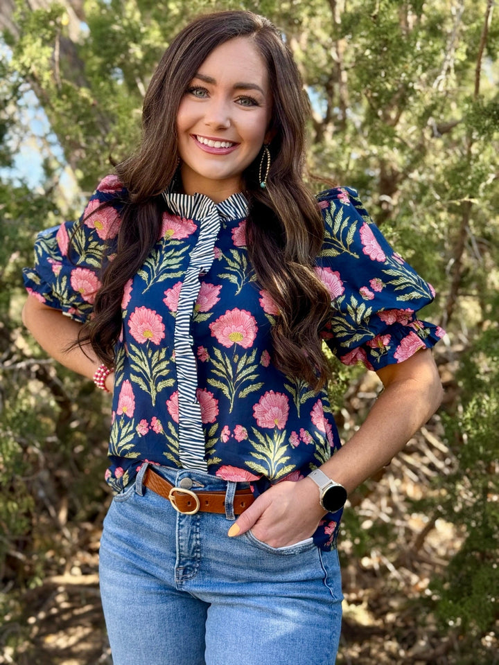 Jayla Navy & Pink Floral Blouse
