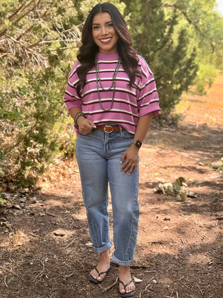 Elaine Burgundy & Pink Stripe Top