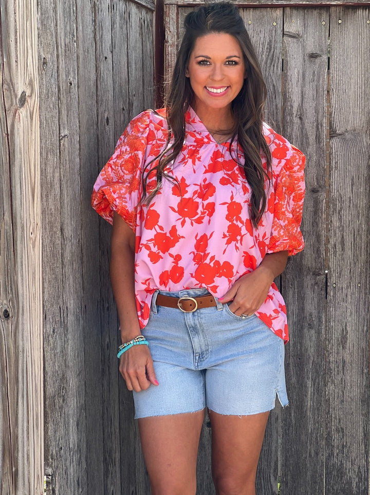 Avery Pink & Orange Floral Embroidery Blouse