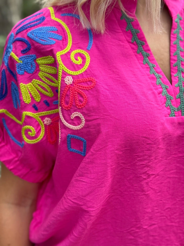 Fuchsia Bright Embroidered Sleeve Blouse