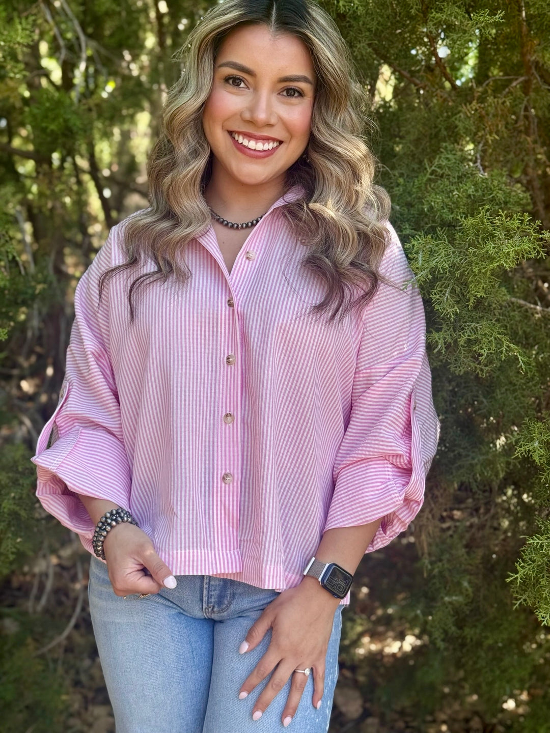 Adelee Pink & White Seersucker Top