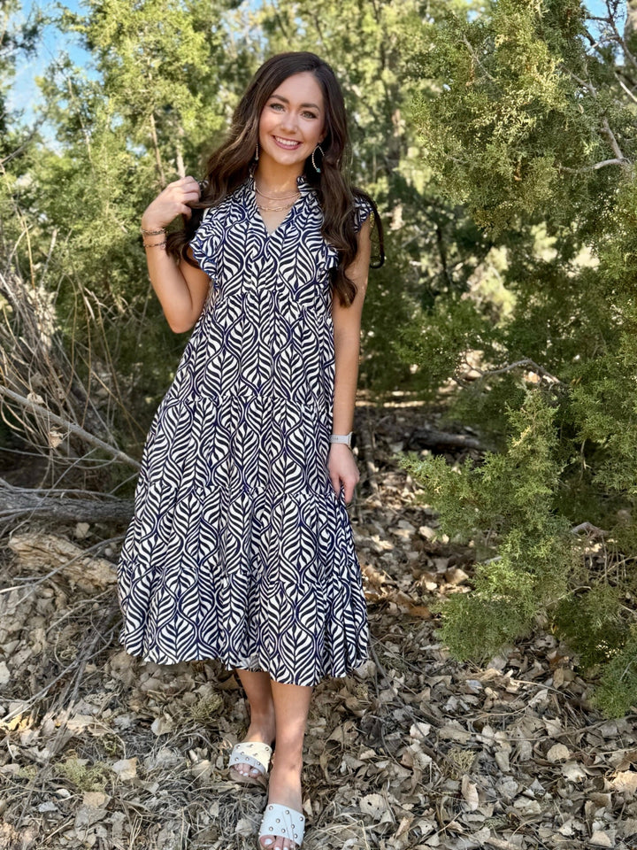 Adalyn Navy Tiered Midi Dress