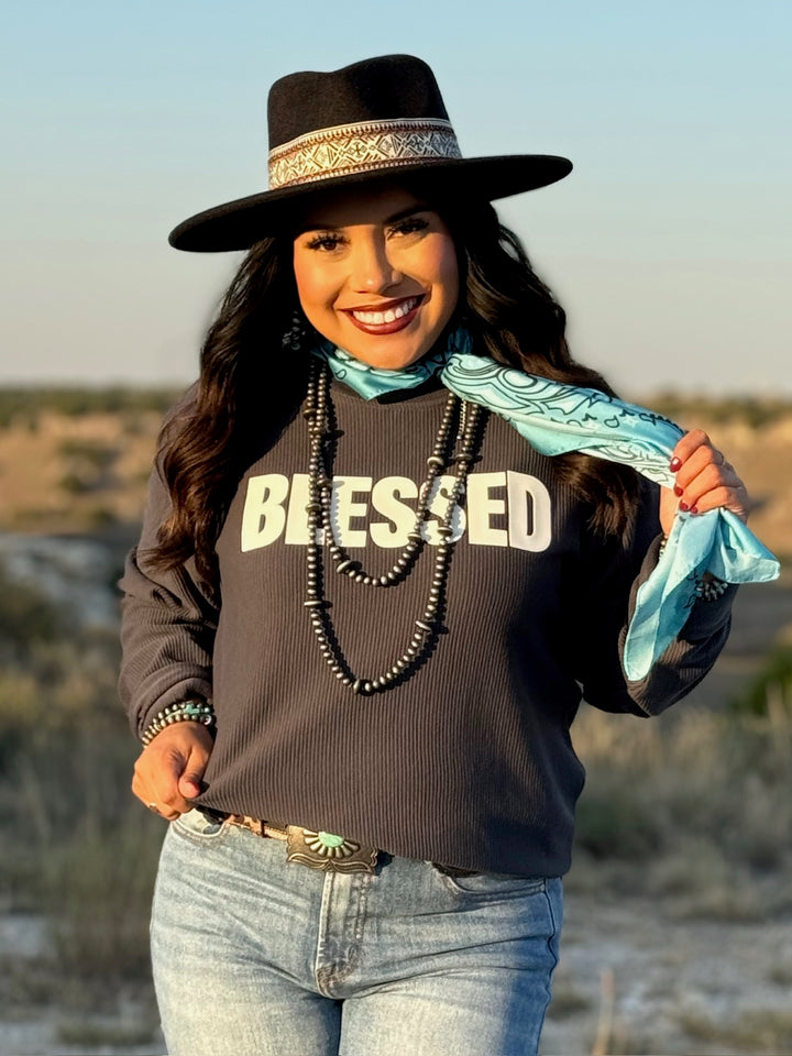 Blessed Grey Corded Pullover by Texas True Threads