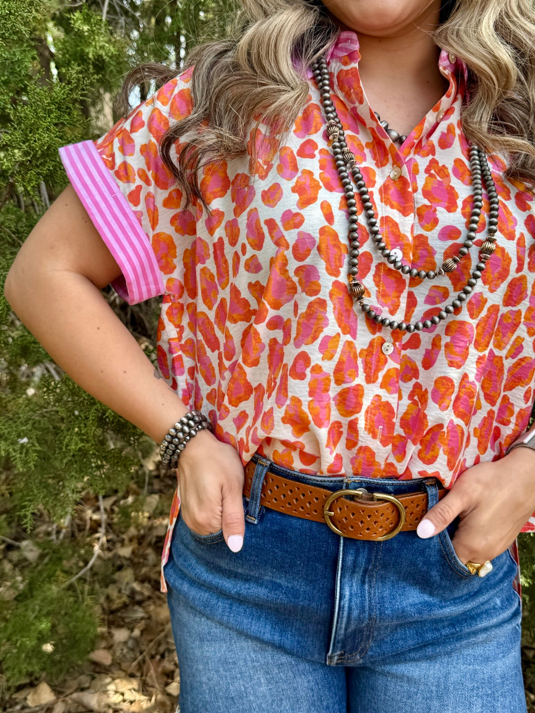 RaeAnn Pink & Orange Leopard Top