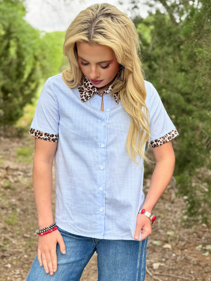 Sky Blue Stripe with Leopard Collar Top